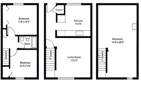 Floor plan for 2 beds, 1 bath, 896 sqft